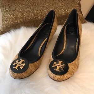 Tory Burch Navy & Rattan Wedges